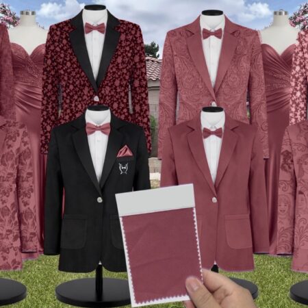 Sangria Whimsical Blooms Chiffon Suit and Tuxedo – Exact Color Match for Birdy Grey Bridesmaid Dresses
