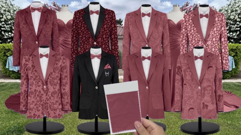 Sangria Whimsical Blooms Chiffon Suit and Tuxedo – Exact Color Match for Birdy Grey Bridesmaid Dresses
