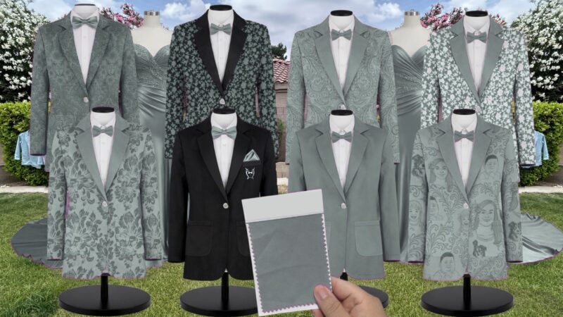 Sea Glass Shiny Satin Suit and Tuxedo – Exact Color Match for Birdy Grey Bridesmaid Dresses