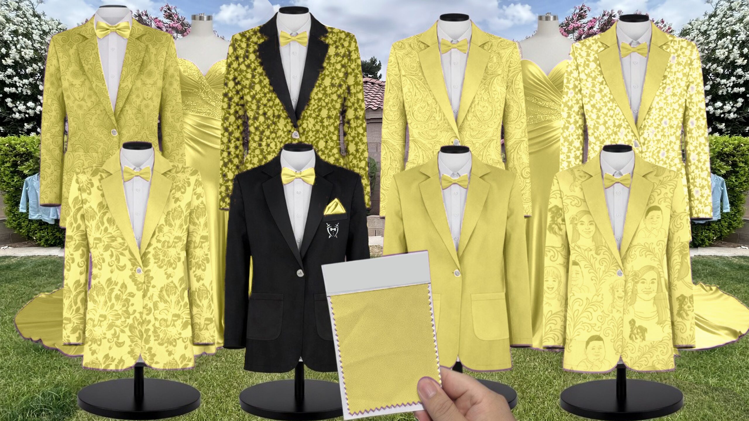 Sunflower Yellow Paisley Suit and Tuxedo – Exact Color Match for Birdy Grey Bridesmaid Dresses