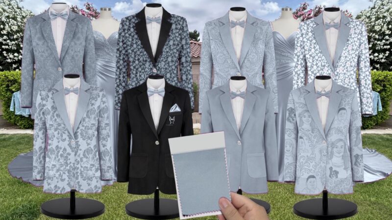 Dust Blue White Vines Suit and Tuxedo – Exact Color Match for David's Bridal Bridesmaid Dresses