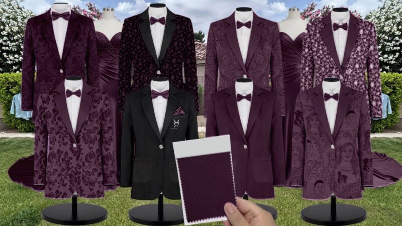 Plum Charmeuse Suit and Tuxedo - Exact Color Match for David's Bridal Bridesmaid Dresses