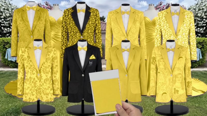 Sunflower Charmeuse Suit and Tuxedo - Exact Color Match for David's Bridal Bridesmaid Dresses