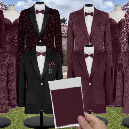 Wine Chiffon Suit and Tuxedo - Exact Color Match for David's Bridal Bridesmaid Dresses