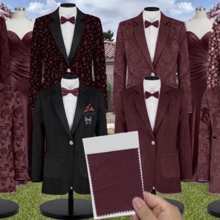 Bordeaux Luxe Satin Suit and Tuxedo – Exact Color Match for Kennedy Blue Bridesmaid Dresses