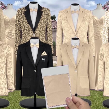 Champagne Luxe Satin Suit and Tuxedo – Exact Color Match for Kennedy Blue Bridesmaid Dresses