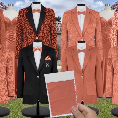 Coral Velvet Suit and Tuxedo – Exact Color Match for Kennedy Blue Bridesmaid Dresses