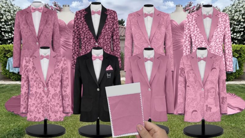 Dusty Pink Luxe Satin Suit and Tuxedo – Exact Color Match for Kennedy Blue Bridesmaid Dresses