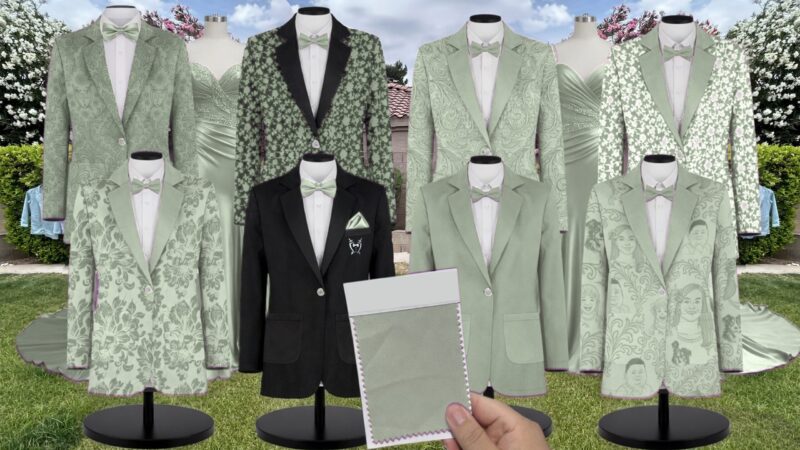 Sage Luxe Satin Suit and Tuxedo – Exact Color Match for Kennedy Blue Bridesmaid Dresses