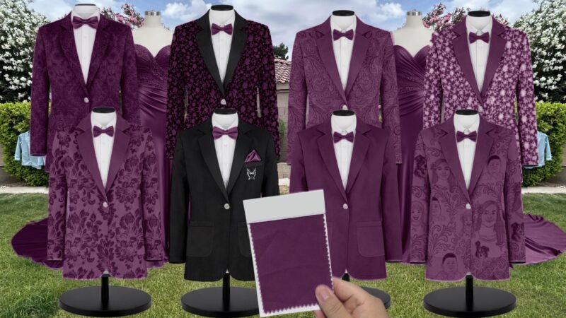 Eggplant Luxe Satin Suit and Tuxedo – Exact Color Match for Kennedy Blue Bridesmaid Dresses