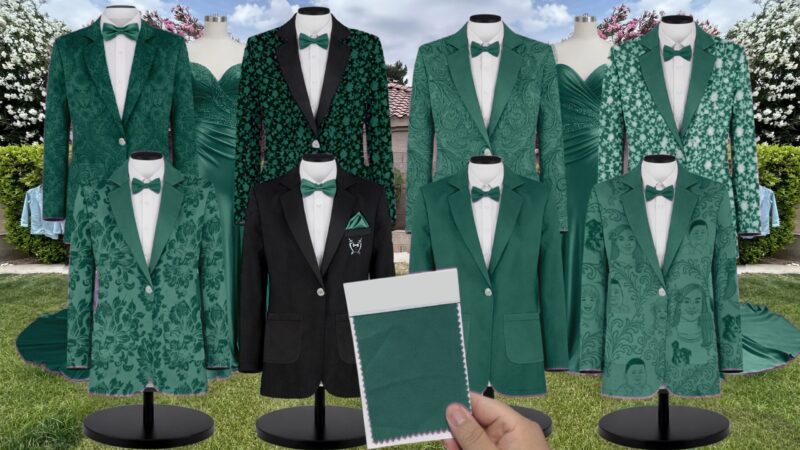 Emerald Luxe Satin Suit and Tuxedo – Exact Color Match for Kennedy Blue Bridesmaid Dresses