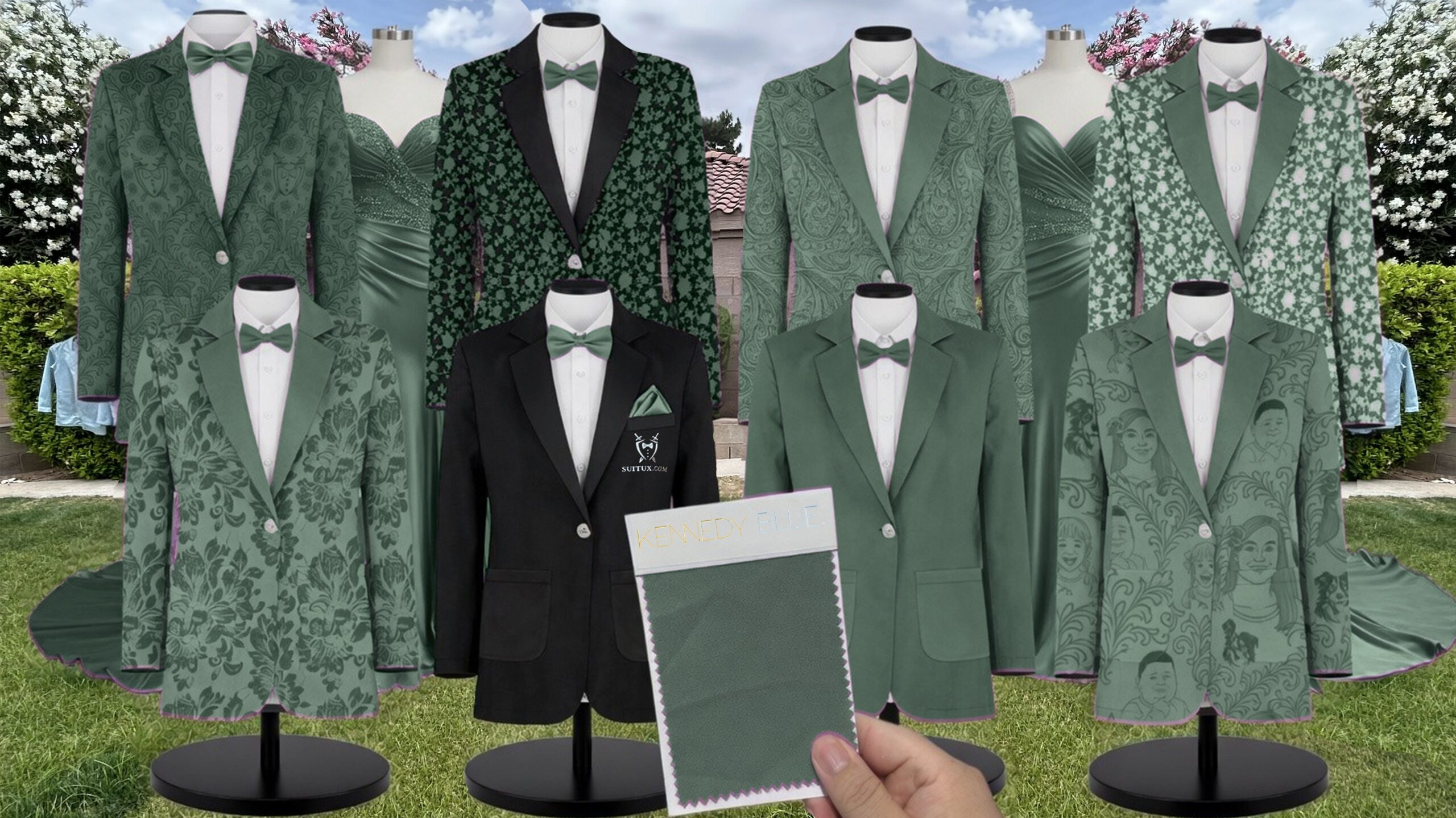 Eucalyptus Velvet Suit and Tuxedo – Exact Color Match for Kennedy Blue Bridesmaid Dresses