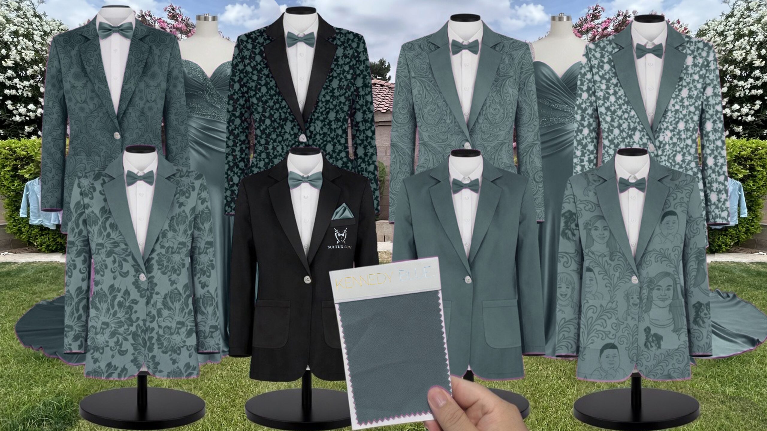 Jade Velvet Suit and Tuxedo – Exact Color Match for Kennedy Blue Bridesmaid Dresses