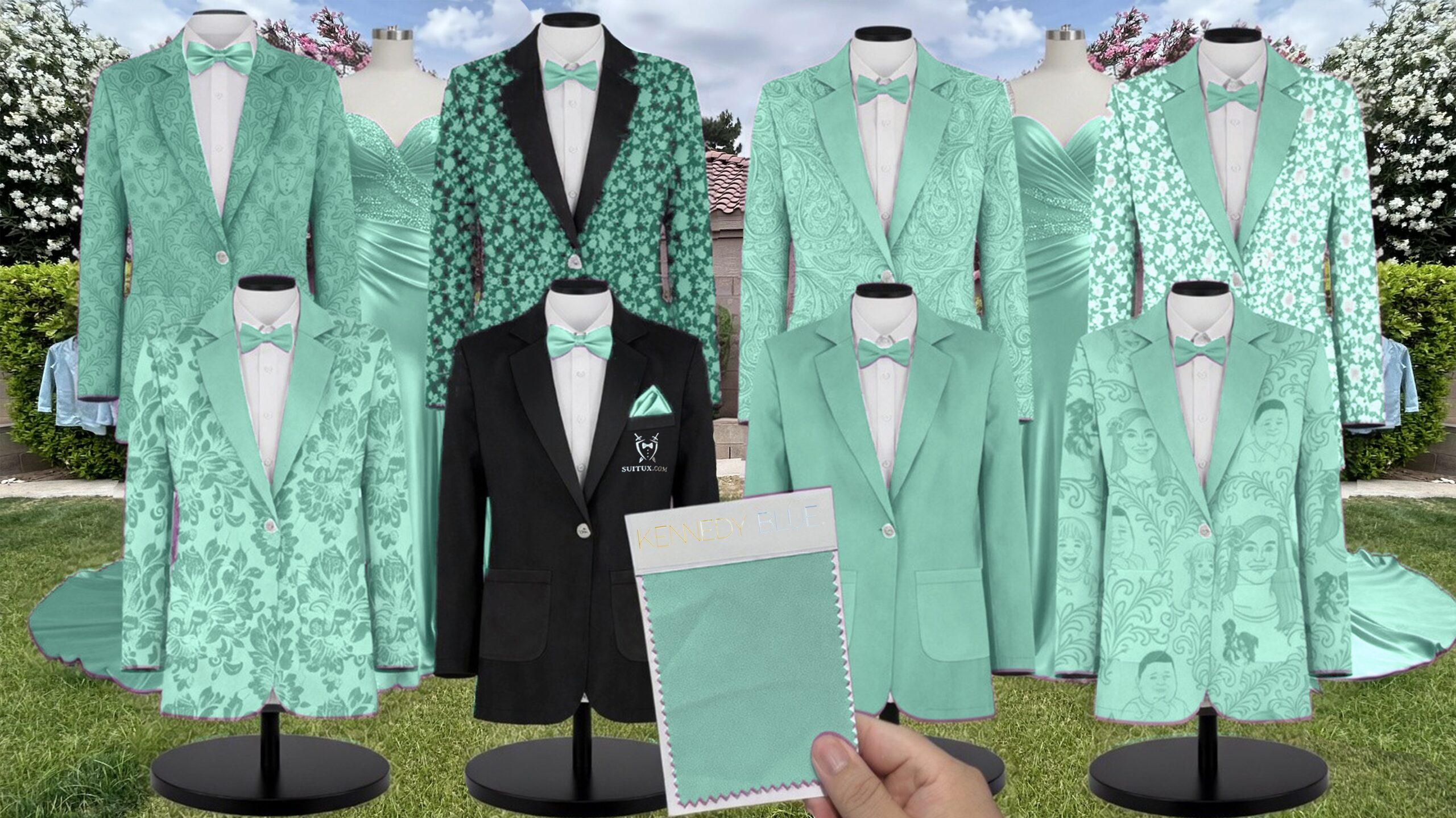 Jade White Vines Suit and Tuxedo – Exact Color Match for Kennedy Blue Bridesmaid Dresses