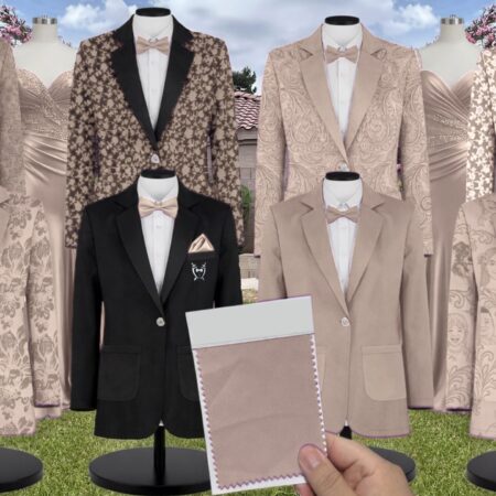 Latte Luxe Satin Suit and Tuxedo – Exact Color Match for Kennedy Blue Bridesmaid Dresses