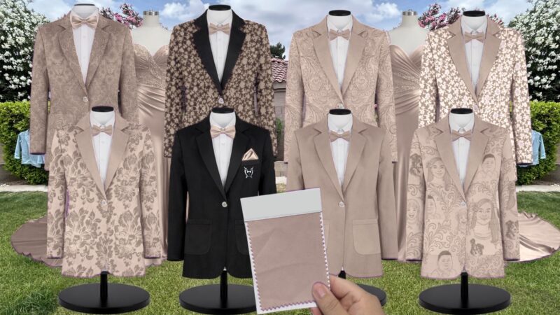 Latte Luxe Satin Suit and Tuxedo – Exact Color Match for Kennedy Blue Bridesmaid Dresses