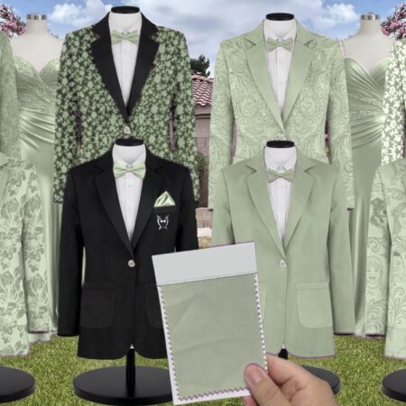 Light Sage Luxe Satin Suit and Tuxedo – Exact Color Match for Kennedy Blue Bridesmaid Dresses