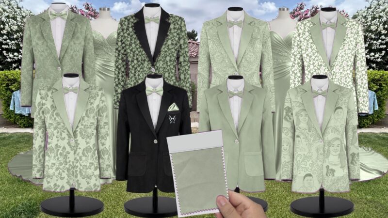 Light Sage Luxe Satin Suit and Tuxedo – Exact Color Match for Kennedy Blue Bridesmaid Dresses