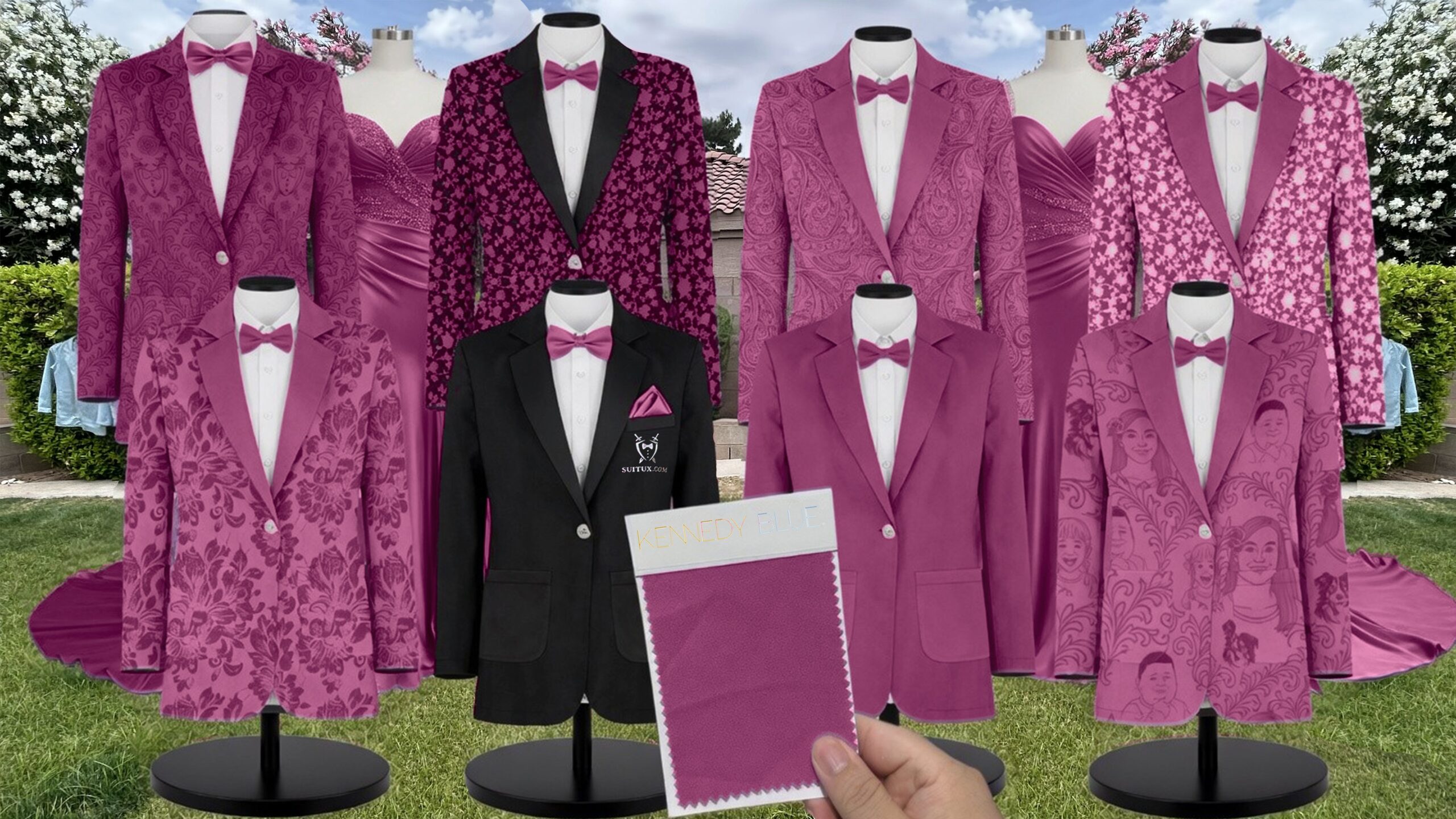 Magenta Velvet Suit and Tuxedo – Exact Color Match for Kennedy Blue Bridesmaid Dresses