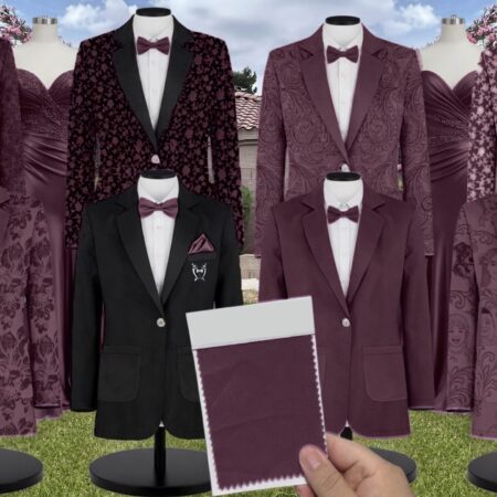 Mahogany Luxe Satin Suit and Tuxedo – Exact Color Match for Kennedy Blue Bridesmaid Dresses