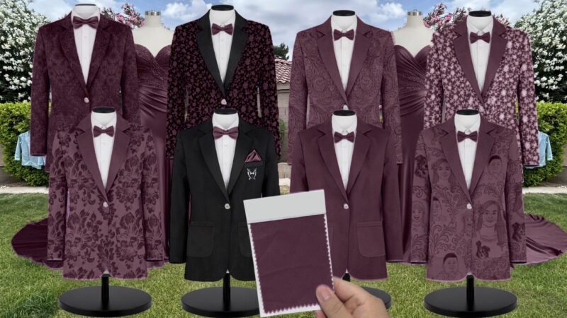 Mahogany Luxe Satin Suit and Tuxedo – Exact Color Match for Kennedy Blue Bridesmaid Dresses