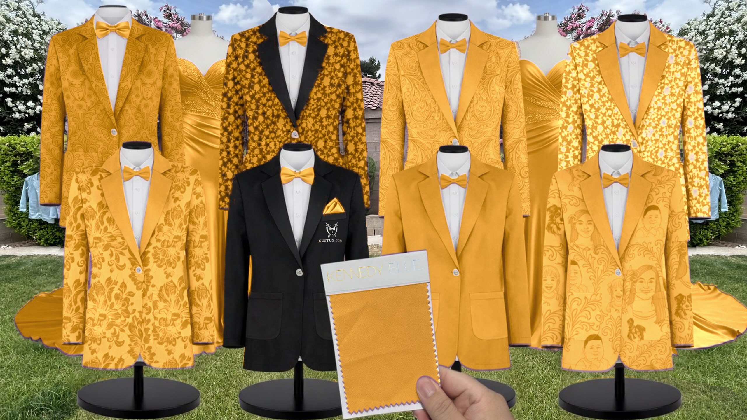 Marigold Velvet Suit and Tuxedo – Exact Color Match for Kennedy Blue Bridesmaid Dresses