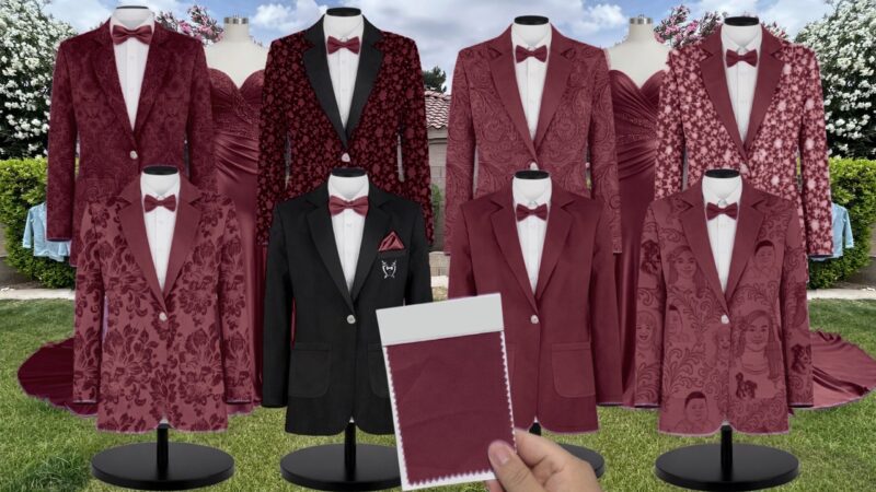 Maroon Luxe Satin Suit and Tuxedo – Exact Color Match for Kennedy Blue Bridesmaid Dresses