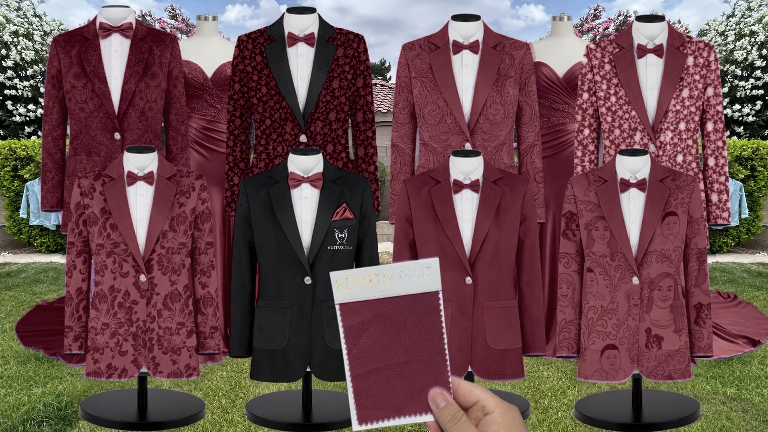 Maroon Velvet Suit and Tuxedo – Exact Color Match for Kennedy Blue Bridesmaid Dresses