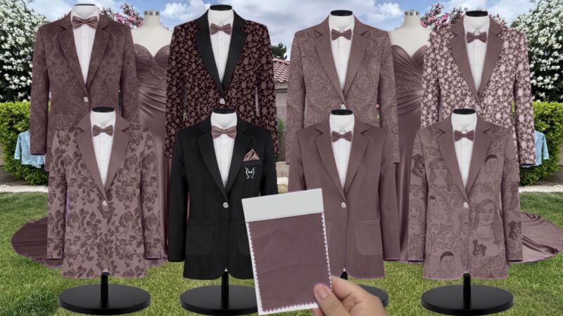 Mocha Luxe Satin Suit and Tuxedo – Exact Color Match for Kennedy Blue Bridesmaid Dresses