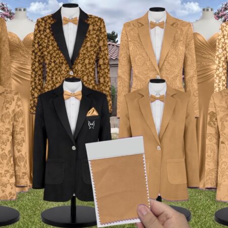 Mustard Yellow Luxe Satin Suit and Tuxedo – Exact Color Match for Kennedy Blue Bridesmaid Dresses