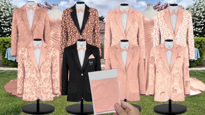 Peach Luxe Satin Suit and Tuxedo – Exact Color Match for Kennedy Blue Bridesmaid Dresses