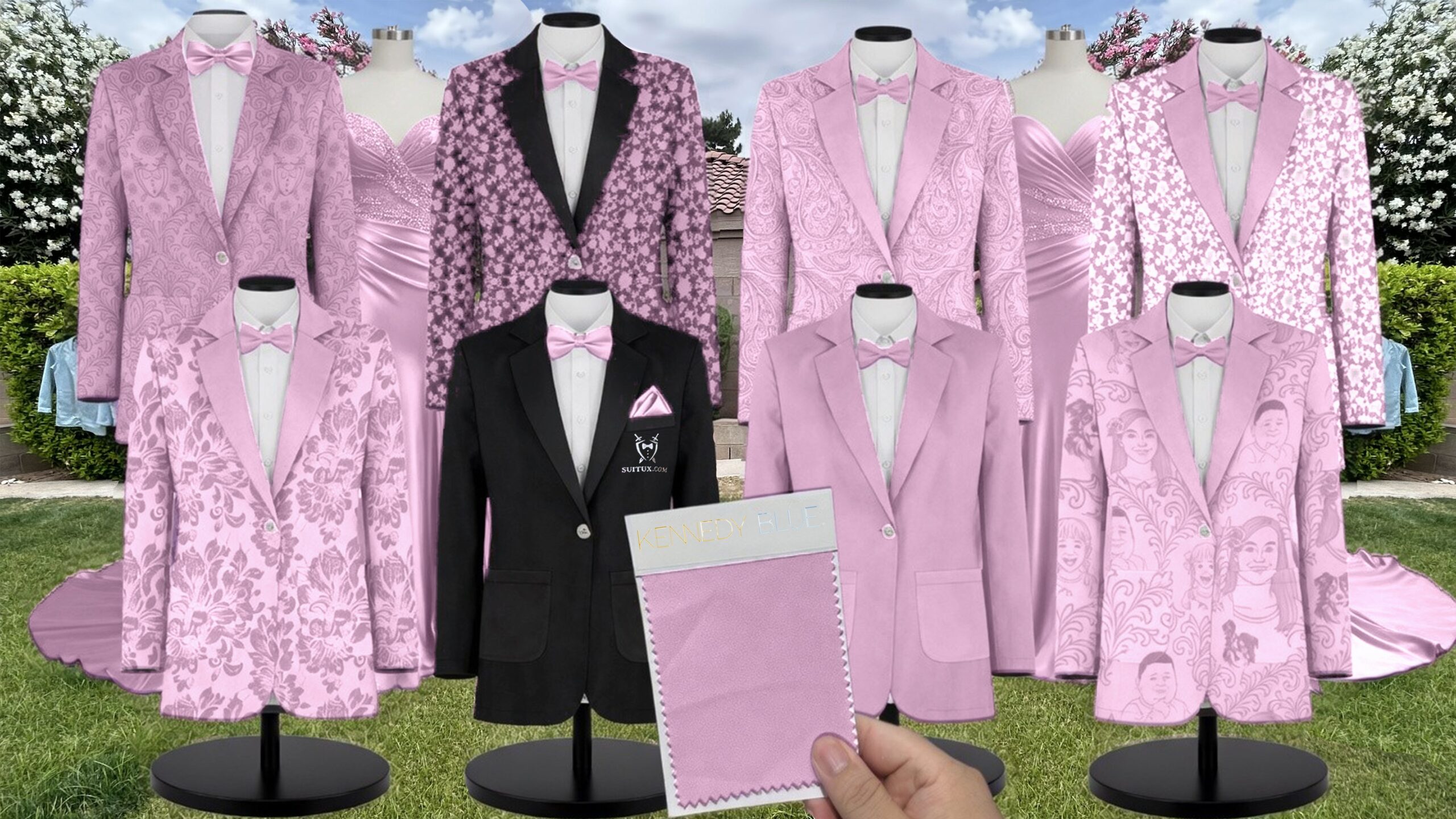 Peony Velvet Suit and Tuxedo – Exact Color Match for Kennedy Blue Bridesmaid Dresses
