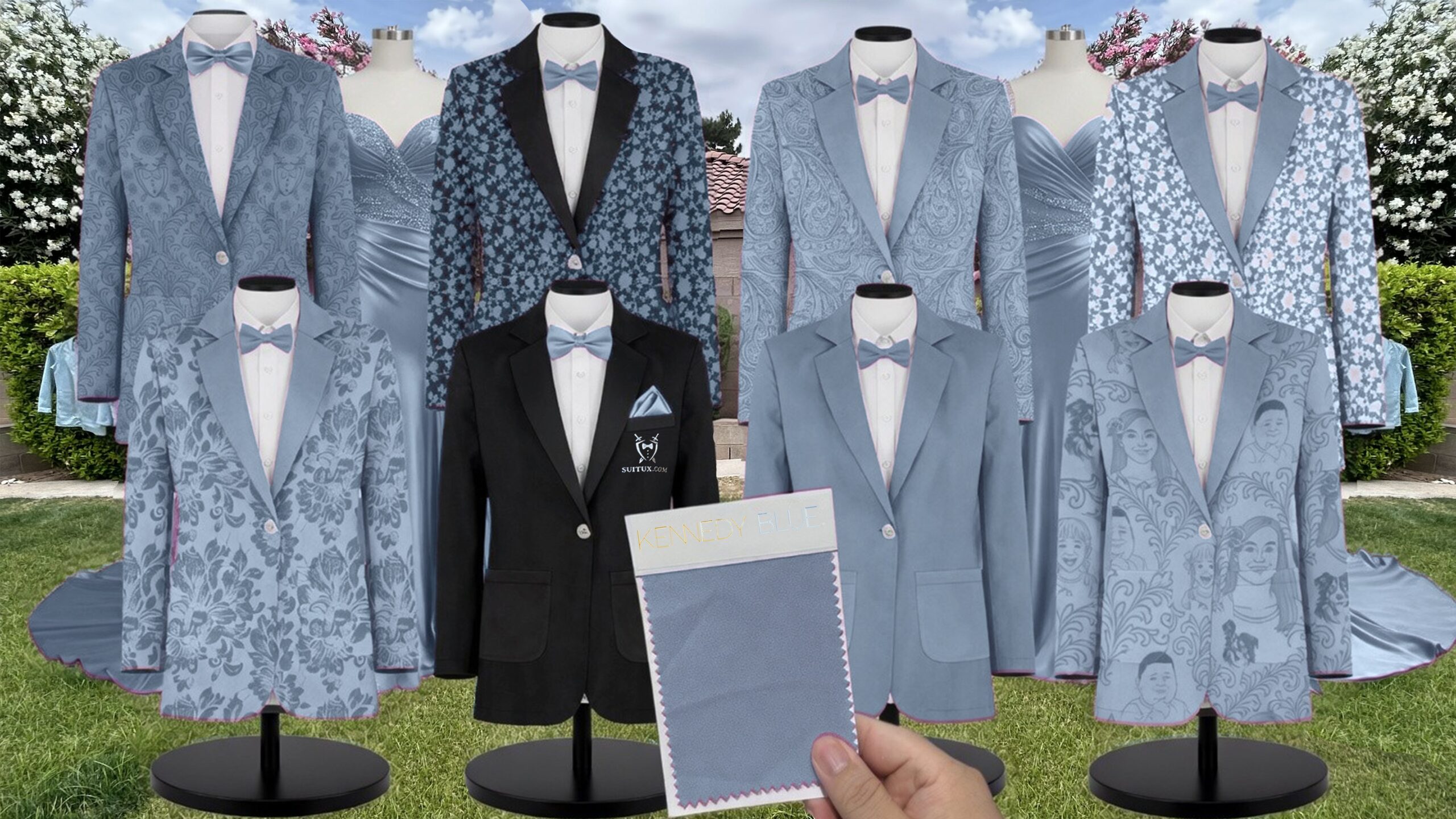 platinum blue floral kennedy Chiffon Suit and Tuxedo – Exact Color Match for Kennedy Blue Bridesmaid Dresses
