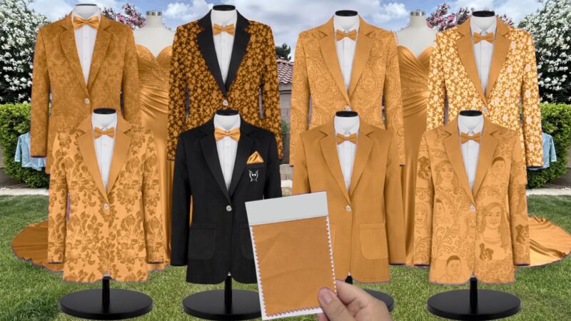 Platinum Butterscotch Luxe Satin Suit and Tuxedo – Exact Color Match for Kennedy Blue Bridesmaid Dresses
