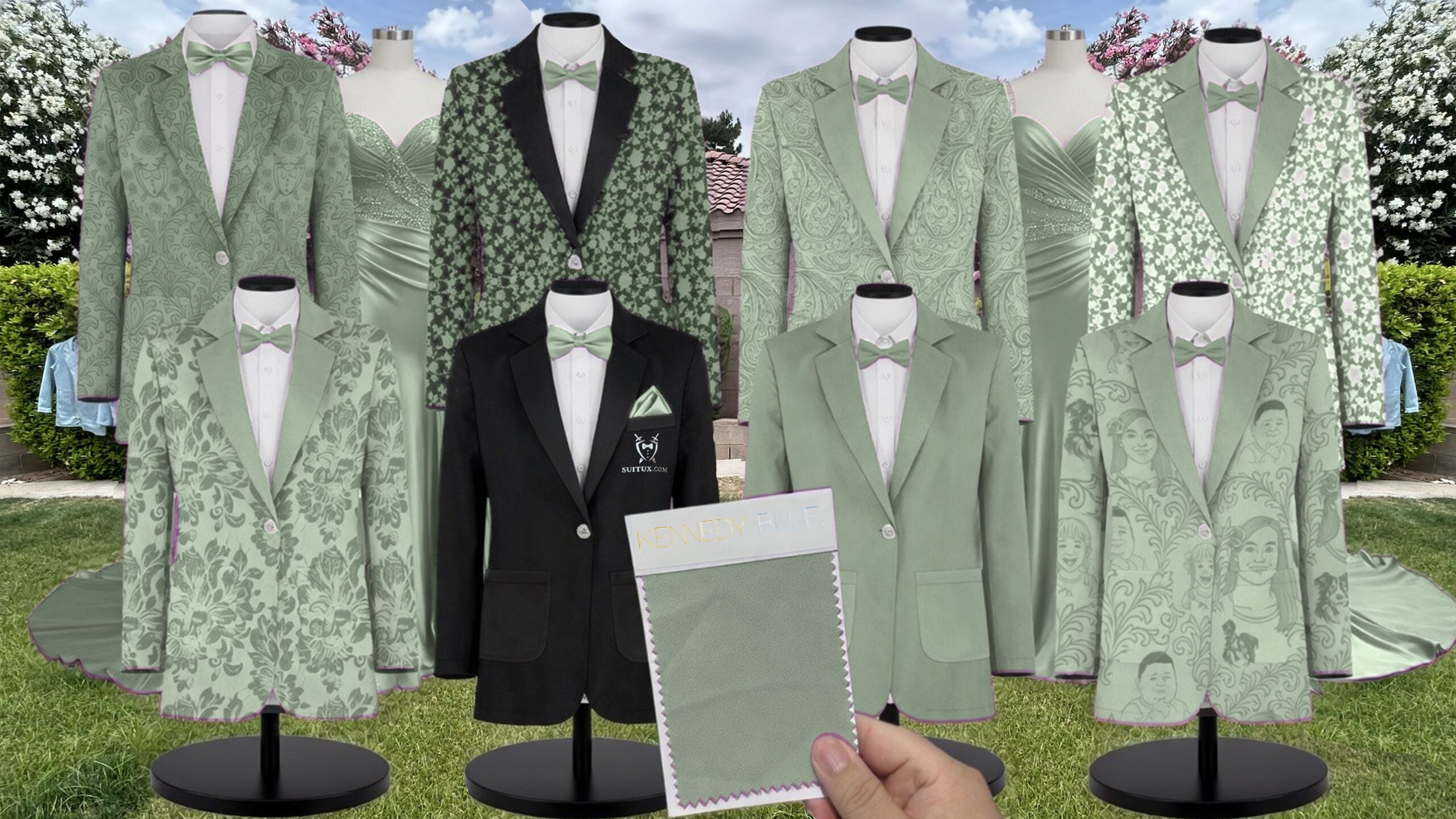 platinum green floral Chiffon Suit and Tuxedo – Exact Color Match for Kennedy Blue Bridesmaid Dresses