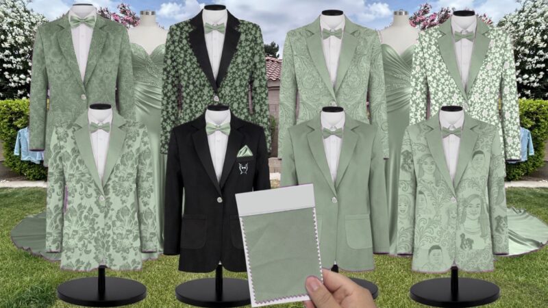 platinum green floral Chiffon Suit and Tuxedo – Exact Color Match for Kennedy Blue Bridesmaid Dresses