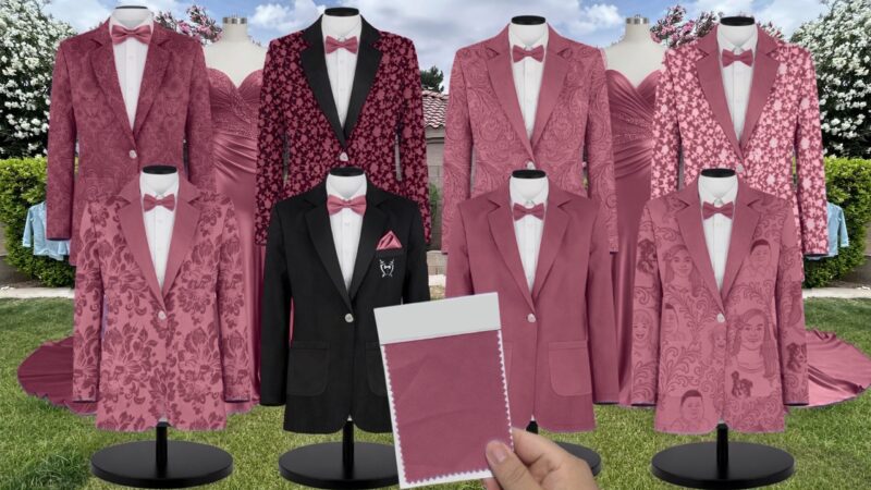 platinum pink floral Luxe Satin Suit and Tuxedo – Exact Color Match for Kennedy Blue Bridesmaid Dresses