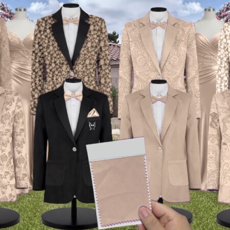 Platinum Tan Chiffon Suit and Tuxedo – Exact Color Match for Kennedy Blue Bridesmaid Dresses