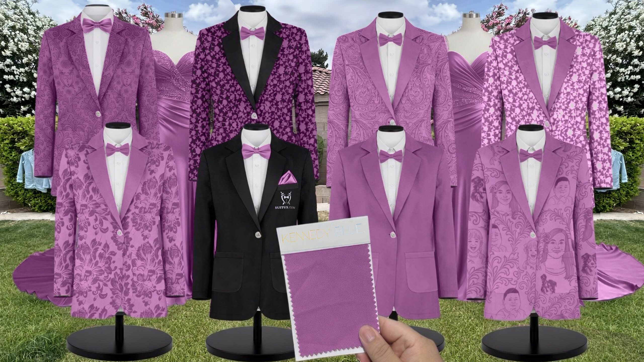 Primrose Velvet Suit and Tuxedo – Exact Color Match for Kennedy Blue Bridesmaid Dresses