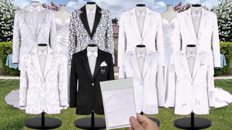 White Chiffon Suit and Tuxedo – Exact Color Match for Kennedy Blue Bridesmaid Dresses
