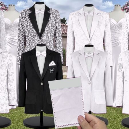 White Luxe Satin Suit and Tuxedo – Exact Color Match for Kennedy Blue Bridesmaid Dresses
