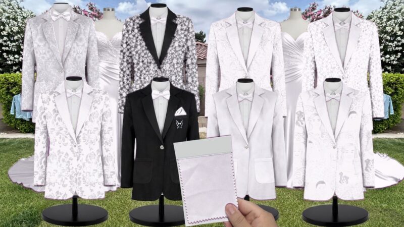 White Luxe Satin Suit and Tuxedo – Exact Color Match for Kennedy Blue Bridesmaid Dresses