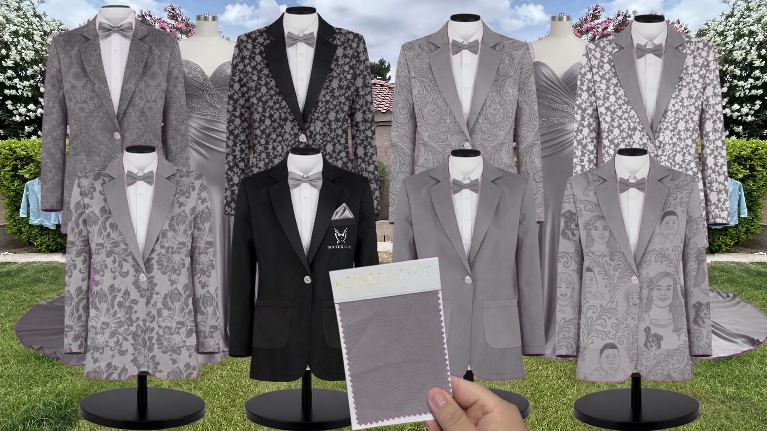 White Velvet Suit and Tuxedo – Exact Color Match for Kennedy Blue Bridesmaid Dresses