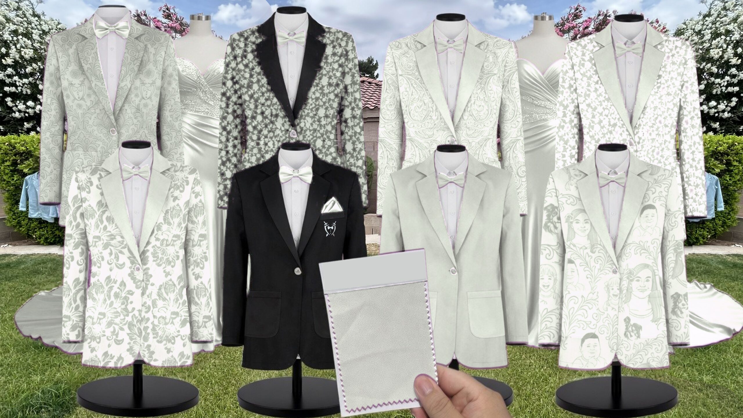 White Lily of the Valley Jacquard Suit and Tuxedo – Exact Color Match for LulaKate Bridesmaid Dresses