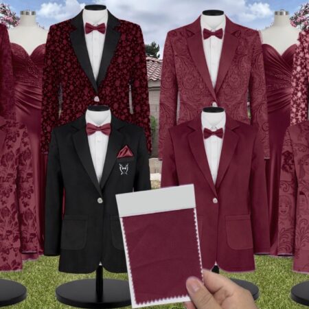 Burgundy Satin Suit and Tuxedo – Exact Color Match for Lulus Bridesmaid Dresses