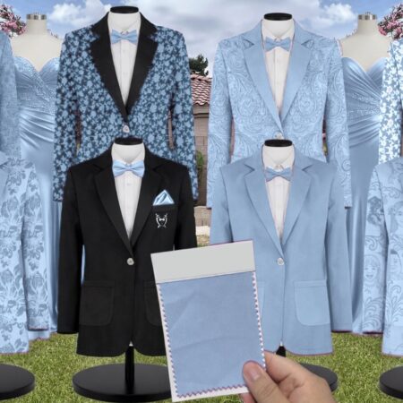 Baby Blue Luxe Satin Suit and Tuxedo – Exact Color Match for Show Me Your Mumu Bridesmaid Dresses