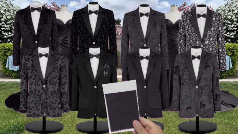 Black Luxe Satin Suit and Tuxedo – Exact Color Match for Show Me Your Mumu Bridesmaid Dresses