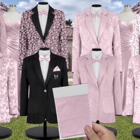 Blushing Floral Taffeta Suit and Tuxedo – Exact Color Match for Show Me Your Mumu Bridesmaid Dresses