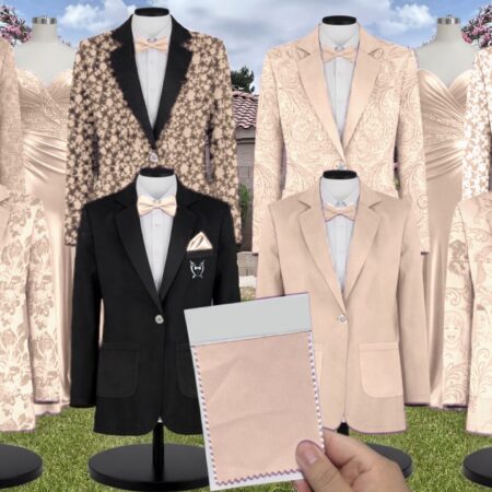 Champagne Luxe Satin Suit and Tuxedo – Exact Color Match for Show Me Your Mumu Bridesmaid Dresses