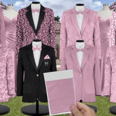 Cottage Floral Pink Taffeta Suit and Tuxedo – Exact Color Match for Show Me Your Mumu Bridesmaid Dresses